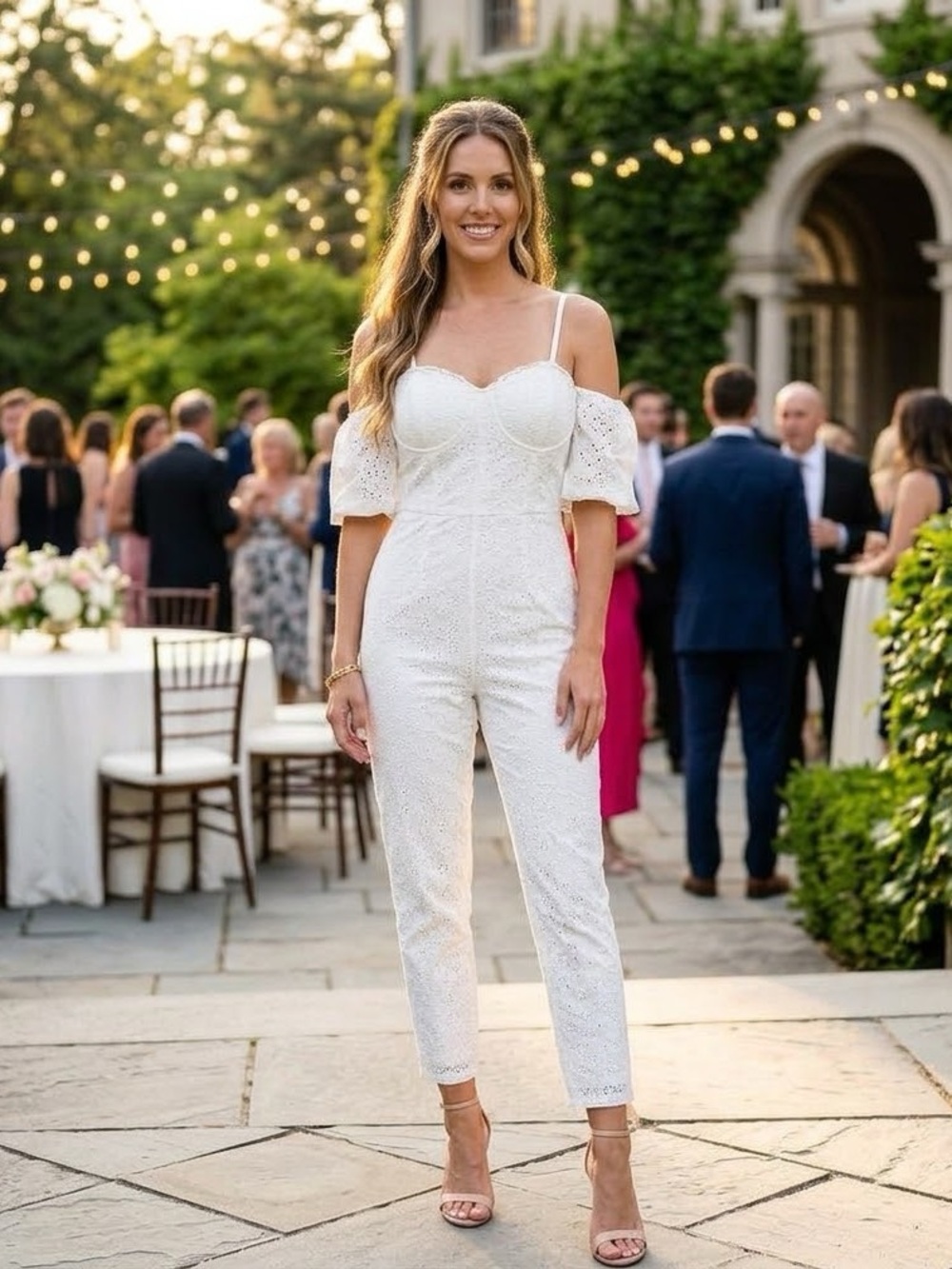 NWT Bebe Off-Shoulder White Lace Jumpsuit - Picture 2 of 5